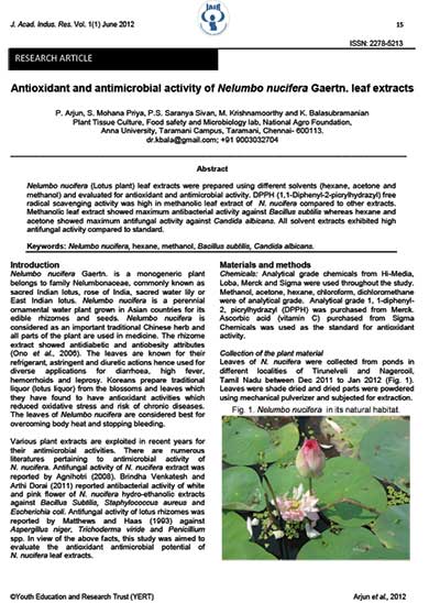 Antioxidant And Antimicrobial Activity Of Nelumbo Necifera Gaertn. Leaf Extract. <br>J.Acad. Indus. Res. Vol. (1)June 2012. ISSN:2278-5213