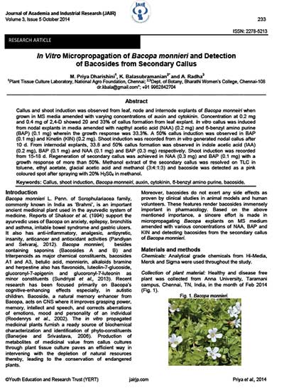 Invitro Micropropagation Of Bacopa Monnieri And Detection Of Bacosides From Secondary<br> Callus. J. Acad. Indus. Res. Vol.1(5) October 2014.ISSN 2278-5213