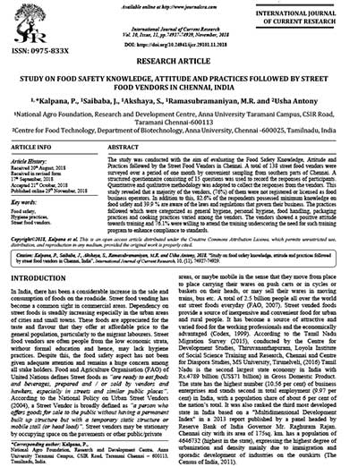 2019 Study on food safety knowledge, attitude and practices followed by street food vendors in Chennai, India