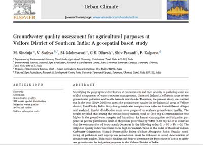 2023 Groundwater quality assessment for agricultural purposes at Vellore District of Southern India A geospatial-based study